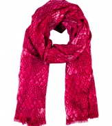 Punctuate your cool weather wardrobe with statement-making accessories like this fuchsia Marc by Marc Jacobs wool scarf - Chic, all-over dragon scale print - Moderately long and wide, with delicate fringe trim at hem - An ideal complement to streamlined ensembles - Pair with everything from a pullover and jeans or a knit dress and leather jacket to a trench and cigarette trousers