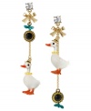 Go quackers for this funky style! Betsey Johnson's mismatched earrings combine duck and sunflower charms in vibrant enamel with sparkling crystals at the post. Set in gold tone mixed metal. Approximate drop: 3-1/2 inches.