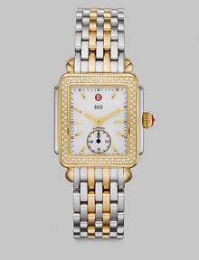 From the Deco Collection. A stunning, high contrast timepiece with a dazzling diamond bezel. Quartz movementWater resistant to 5 ATMRectangular goldtone stainless steel case, 29mm (1.1) X 31mm (1.2)Diamond accented bezel, .49 tcwMother-of-pearl dialBar hour markersSecond hand sub-dialTwo-tone stainless steel link bracelet, 16mm (0.6)Imported