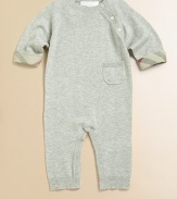 Snuggle your little one into a sweater-soft coverall in a luxurious blend of cashmere and cotton with check trim.Ribbed crew necklineLong raglan sleeves with buttons at one seamChecked turn-back cuffsOne patch pocketSnap legs with ribbed cuffs50% cashmere/50% cottonDry cleanImported Please note: Number of buttons and snaps may vary depending on size ordered. 