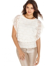 Look lovely in lace with BCX's flutter-sleeve blouson top featuring shimmery gold detailing! Its high neckline and banded waist design are perfect for a polished look.