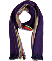 Add a stylish accent to your new season ensembles with this cool-hued wool scarf from Paul Smith Accessories - Easy to style length, multicolored stripes, fringed edges - Wear with a cashmere pullover, straight leg jeans, and a modernized parka