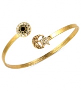 Stylish symbols light up this cuff bracelet from RACHEL Rachel Roy. Crafted from gold-tone mixed metal, the bracelet features a glass evil eye, star and moon accents for a fashion-forward infusion. Approximate diameter: 2-1/4 inches.