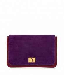 Luxury clutch of ruby-colored calf leather with violet suede flat - Gold-colored locking twist - Trendy, thin square-shaped envelope style - Sophisticated statement piece that looks great with a cocktail dress, or leather pants and blouse, and heels