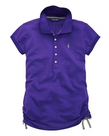 A classic short-sleeved polo shirt is updated with vibrant colors and ruching at the sides.