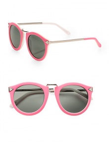 Round-frame essential in lightweight acetate with accented temples and a sleek metal bridge. Available in fluro pink with smoke mono lens and tan with smoke mono lens. Arrow accented temples and metal bridgeCategory 3 UV protectionImported