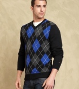 This argyle v-neck sweater from Tommy Hilfiger combines classic and preppy for a modern take on tradition.