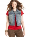 Lend a rugged feel to your outfit with American Rag's plus size denim vest, accented by frayed trim.