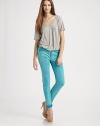 EXCLUSIVELY AT SAKS.COM. Skinny-leg stretch twill pants in a vivid color is one of this season's must-have trends. THE FITMid-riseSkinny-leg fitRise, about 8Inseam, about 34THE DETAILSZip flyButton closureFront slash pocketsBack patch pockets98% cotton/2% spandexMachine washMade in USA of imported fabricModel shown is 5'10 (177cm) wearing US size 4.