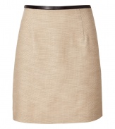 Elegant mini skirt in fine, vanilla cotton and silk blend - Slim, modified A-line silhouette - Decorative seams at front and back - Chic contrast leather trim at waist - Hits above the knee - Zips at side - Flattering, polished and versatile - Pair with a button down and blazer at work, or gor for a dressier look at night with a silk tank and wedge sandals