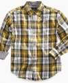 Bright plaid turns this crisp Nautica button-up shirt into a modern look for fall.