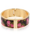 Classic cool. Betsey Johnson dresses up this hinged bangle bracelet, crafted from antique gold-tone mixed metal, with a lovely floral print. Item comes packaged in a signature Betsey Johnson Gift Box. Approximate diameter: 2-1/3 inches.