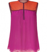 Luxe sleeveless top in fine, pure crinkled silk chiffon - A vibrant summer standout from it-designer Sophie Theallet - Fashionably colorblocked in lush shades of pink and orange - Semi-sheer, double layer style with round neck and decorative contrast piping - Relaxed, straight silhouette flares gently at hem - Elegant and eye-catching, seamlessly transitions from day to evening - Pair with ankle cropped trousers, pencil skirts or Bermuda shorts