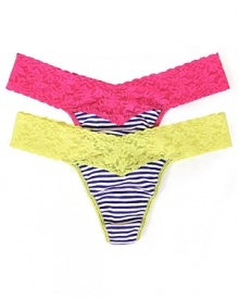 A nautical-inspired stripe thong with bright contrast lace in a mid-rise silhouette.