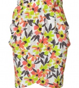 Elegant skirt in fine, pure printed silk - Vibrant floral motif in lush shades of lime, grey and apricot - Modified wrap style with elasticated waist - Chic drape detail at hips - Slim, feminine silhouette, hits above the knee - Polished and eye-catching, perfect for work, cocktails and casual evenings out - Pair with a blazer, tank and sandals at the office, and dress up with a silk top and platform wedges at night