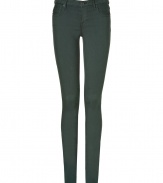 Deep green skinny jeans in a classic five-pocket design - Hint of Spandex creates super-tight tube leg style - Ultra-sexy - Pair with a chiffon tunic or silk blouse, and booties, heels or platform sandals