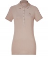 Luxe polo in fine, silver-beige cotton stretch blend - Traditional button down style with short, fitted sleeves and small collar - Embroidered logo at chest - New, lengthier cut is slim and hits below the hips - A dream basic as versatile as it is stylish - Pair with a blazer and leather pencil skirt or layer beneath a cardigan and wear with skinny jeans