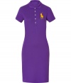 Stylish dress in fine deep purple cotton stretch - A casual classic from cult label Polo Ralph Lauren - Traditional, button down polo style with small collar and short sleeves - Oversize decorative embroidered logo at chest - Slim skirt hits just above the knees - Fitted cut creates a particularly flattering silhouette - A sporty-chic go-to in any wardrobe ideal for work and play - Pair with a cropped cardigan and strappy sandals, or layer with a blazer and style with ballet flats