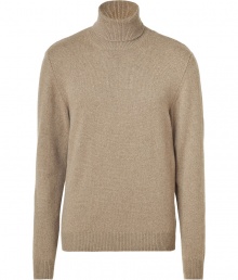 Classic cashmere turtleneck pullover is wonderfully soft and easy to wear - Elegant camel color makes it a versatile basic - Slim fit with long sleeves and ribbing at sleeves and hem - Perfect sweater for work or play with jeans, chinos and suit pants - Pair with a boots or lace-ups