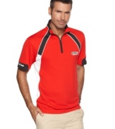 Accelerate your race-day look in this bold and stylish mock-neck shirt from Izod for Indy 500.