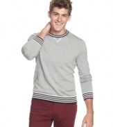 Add some sporty style to your look with this crew neck sweater with striped ribbing from Kenneth Cole Reaction.