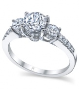 Tell a story with this symbolic style. This My Diamond Story engagement ring features a stunning, certified three-stone diamond design with rows of smaller round-cut diamonds at the shoulders (1-3/4 ct. t.w.). Crafted in 18k white gold.