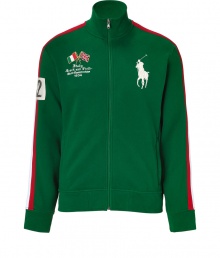 Sporty style goes luxe with this zip up fleece jacket from Polo Ralph Lauren - Stand collar, zip front closure, patch details, stripe detail down arm, back Italy patch, front logo detail - Style with cargo pants, a tee, and retro-inspired trainers