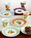 Bring the orchard indoors with this charming dessert plate set from Lenox. Splashes of cheerful color and a fresh, vibrant fruit pattern lend your table a welcoming radiance. (Clearance)