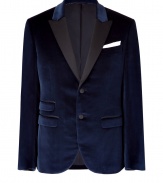 Make a stylish impact in this ultra-luxe blue velvet tuxedo style blazer from Neil Barrett - Notched lapels, long sleeves, two-button closure flap pockets, double back vent, slim fit - Pair with a sleek button down and slim trousers or jeans