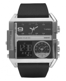 Diesel created the ultimate watch for the man who's always in three places at once. Black leather strap and square stainless steel case. Black dial with applied silver tone index features rectangular analog subdial at top, circular analog subdial at bottom right and negative display digital dial at bottom left. Quartz movement. Water resistant to 50 meters. Two-year limited warranty.