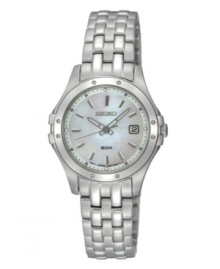 Prismatic appeal. Catch eyes with this gorgeous Le Grand Sport watch by Seiko. Stainless steel bracelet and round case, 30mm. White mother-of-pearl dial features silver tone stick indices, date window at three o'clock, three hands and logo. Quartz movement. Water resistant to 50 meters. Three-year limited warranty.