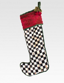 Hang this stocking by the chimney with care, in Courtly Check velvet with a luxuriously embroidered cuff.HandmadeVelvet holly leaves and berriesSilky liningCotton/rayon velvet27L; 10 top openingSpot cleanImported