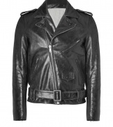 With its perfect vintage patina and edgy biker styling, this lambskin jacket from Each Other guarantees a Downtown-cool finish to your outfit - Notched collar, snapped lapel, long sleeves, zippered cuffs, asymmetrical front zip, snapped epaulettes, snapped and zippered pockets, belted hemline - Contemporary slim straight fit - Team with casual separates and ultra chic cashmere scarves