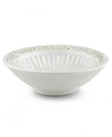 With a raised pattern of cascading vines on the rim and elegant fluting inside, this fruit bowl brings distinctly vintage style to the table. Coordinates with Butler's Pantry dinnerware and dishes collection. Qualifies for Rebate