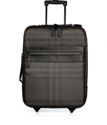 Travel in iconic style with Burberry Londons chocolate smoked check carry-on - Tonal leather trim, checked PVC, zip-around closure, zippered front pocket, retractable handle at back, reinforced base with wheels - The perfect size for carrying on-board, or for packing away chic weekend essentials