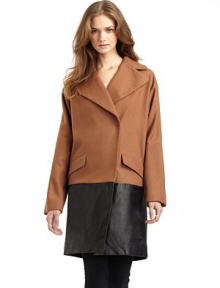 THE LOOKNotch lapelConcealed front snap closureLong sleevesFront flap pocketsExtended leather hemTHE FITAbout 36 from shoulder to hemTHE MATERIAL80% wool/20% nylonTrim: LeatherFully linedCARE & ORIGINDry clean by leather specialistImported