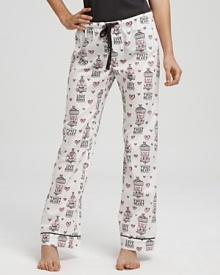 These sweet pajama pants printed with hearts, bird cages and love birds and tweet heart, will keep you comfy and cozy all night long.