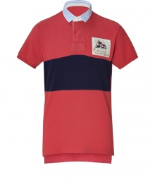 Polo shirts are the must-have pieces for the upcoming season -  This modern interpretation of a Ralph Lauren classic features faded red and navy, embroidered logo on the chest, concealed half-placket and short, contrasting collar. Cut is narrow with longer back than front - Pairs nicely with jeans, chinos or shorts for the perfect American-Preppy look