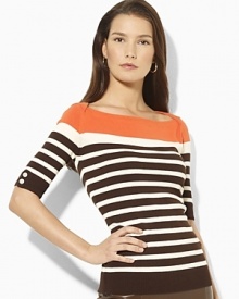 A bold striped pattern and three-quarter sleeves lend chic appeal to the feminine Fina sweater, rendered in smooth combed cotton for an ultra-soft hand.