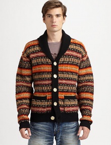 Multicolored fair isle print cardigan, shaped in superior wool with authentic recycled wood buttons for heritage appeal.Button-frontShawl collarRibbed knit collar, cuffs and hemWaist patch pocketsWoolDry cleanImported