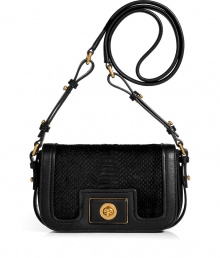 Perfectly petite and finished with luxe haircalf, Marc by Marc Jacobss black leather bag is an urban cool accessory guaranteed to amp up your outfit - Long shoulder strap, laser cut haircalf snakeskin-effect flap with logo turnlock closure, 4 inside back wall credit card slots, protective feet - Perfect for cocktails with sharply tailored sheath dresses and polished gold statement jewelry