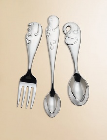 Perfect for the little explorer who's fascinated with the wild creatures found in the jungles and rainforests. Part of the Jungle Parade Collection, this easy-care stainless steel set features a fork with a rhino handle, a feeding spoon with a hippo and spoon with an elephant. Make feeding time fun with these happy animals!Elegantly gift boxedStainless steelFork & spoon, 4.5LInfant feeding spoon: 5.5LDishwasher safeImported