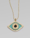 A protective evil eye, strung from a delicate 14k yellow gold chain, is rendered in sparkling diamonds and vibrant enamel.Diamonds, 0.39 tcw Enamel 14k yellow gold Chain length, about 16 Width, about ¾ Claw Clasp Made in USA