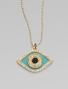 A protective evil eye, strung from a delicate 14k yellow gold chain, is rendered in sparkling diamonds and vibrant enamel.Diamonds, 0.39 tcw Enamel 14k yellow gold Chain length, about 16 Width, about ¾ Claw Clasp Made in USA