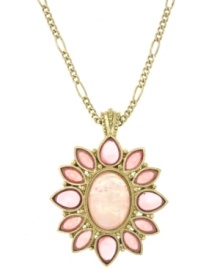 A marvelous medallion. 2028's pretty-in-pink floral-shaped pendant features pear-shaped glass accents set in gold tone mixed metal. Approximate length: 22 inches. Approximate drop: 1-3/4 inches.