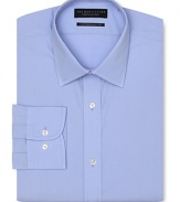 Dress shirt with spread collar, two button barrel cuffs and a slimmer fit through the body, with a solid blue hue.