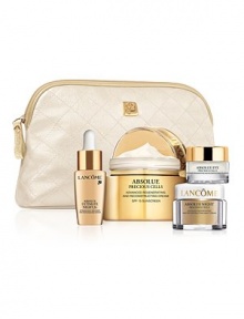 Lancôme's solution is to improve the condition around the stem cells and stimulate cell regeneration to reconstruct skin to a denser quality.  Recover the visible signs of younger skin within 7 days. Skin seems denser, looks smoother, radiant, and has a more uniform complexion. See significant deep wrinkle reduction in UV-damaged skin after 4 weeks.  Set includes: 0.5 oz. Absolue Ultimate Night Bx Intense Night Recovery and Replenishing Serum, 1.6 oz.