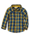 Colorful plaid peps up this Pearls & Popcorn sport shirt--a cool weather essential with jeans or corduroys.