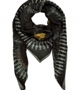 Unleash your wild side and elevate streamlined downtown looks with London It-label Vassilisas fox mask print scarf - Lightweight and sumptuously soft in pure, black and gold silk - Moderately long and wide, with mask graphic trim and logo detail at hem - Wrap, tie or knot around the neck or shoulders and pair with everything from jeans and a leather jacket to a fitted minidress and blazer