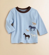 A long-sleeved cotton top is extra cute with contrast crewneck and an embroidered horse pattern.CrewneckLong sleevesPullover styleCottonMachine washImported